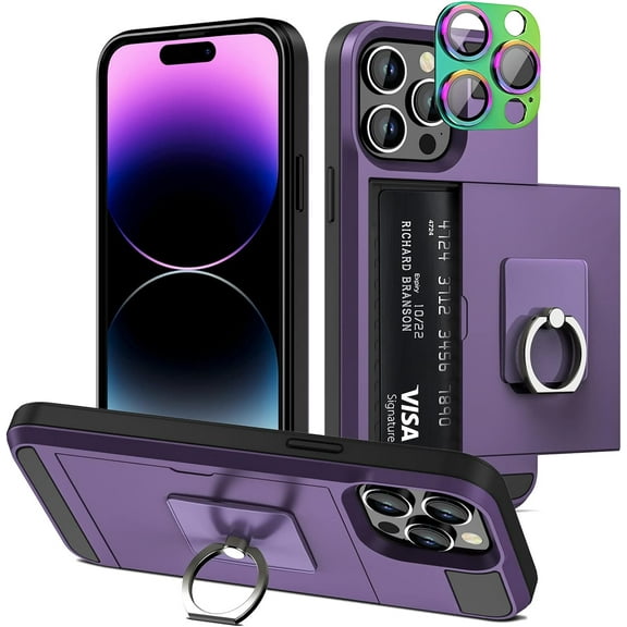 for iPhone 14 Pro Max Case Wallet Credit Card Holder with Transparent Ring Stand Kickstand, Camera Lens Protector Hidden Pocket Anti-Scratch Dual Layer Slim Protective Cover 6.7" GreyPurple