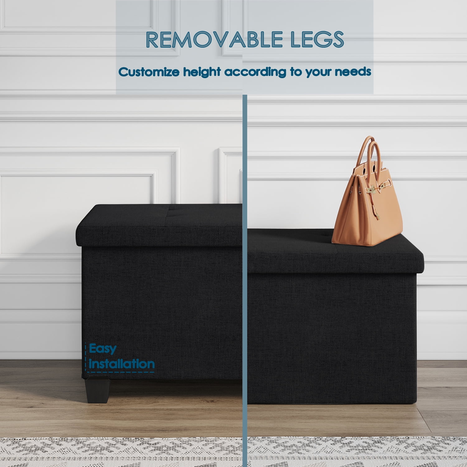 Storagebud Ottoman Storage Bench, Linen 30" Ottoman with Storage, Black