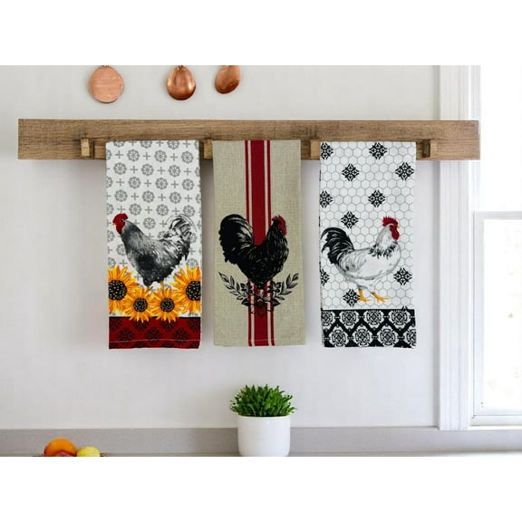 Serafina Home Country Rustic Roosters Kitchen Towels Set Of 3: Print on Flat Cotton Weave