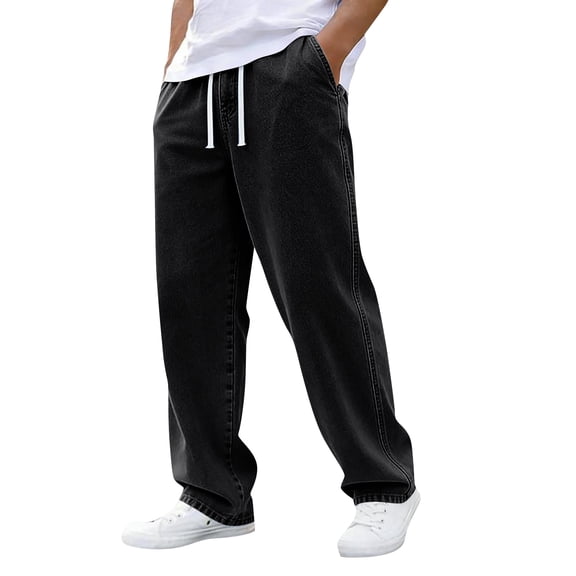 Havenx Casual Jeans for Men Elastic Waist Drawstring Denim Pants with Pockets Wide Leg Trousers Comfortable Fashion Casual Summer Streetwear,Black XL