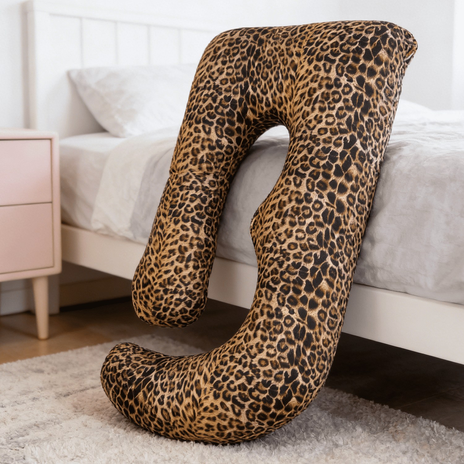 J-Shaped Pregnancy Pillow (65" x 16" x 8") - Full Body Maternity Support Pillow for Back, Hip and Belly Pain Relief, Leopard Print with Heart Pattern