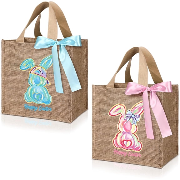 2 Pcs Easter Burlap Bags with Ribbon Bow and Handle Large Bunny Egg Hunt Baskets Essentials Reusable Rabbit Line Jute Tote Candy Gift Bags for Women Easters Party Favors, 12 x 12 Inch