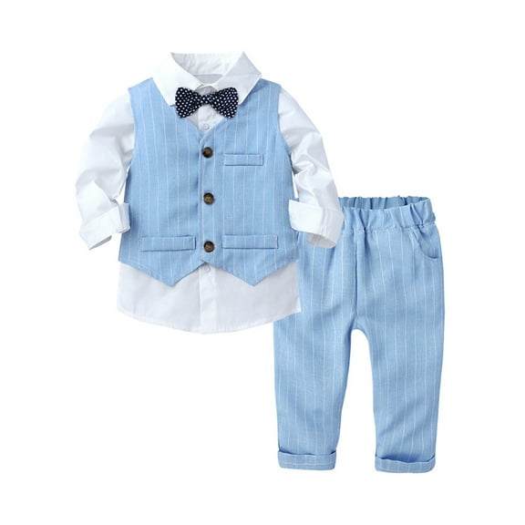 TSSOE Baby Boys Toddler Party Suit Long Sleeve Bowtie Lapel Dress Shirt Pant Vest Formal Outfit Set Blue 80