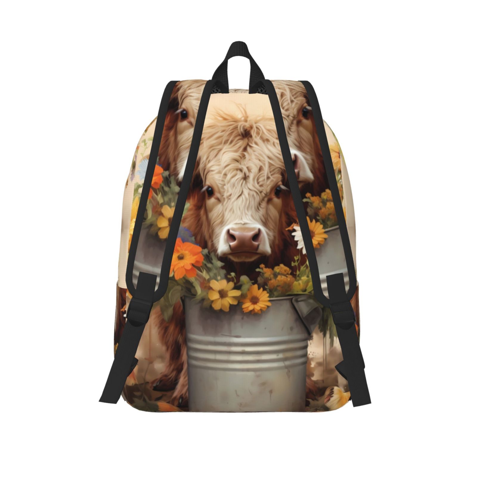 Picia Bucket Flower Cow Printed Canvas Daypack - Stylish and Durable Vintage Compact Backpack - Class, Work, Travel, or Laptop Bookbag,Organized Compartments-Small