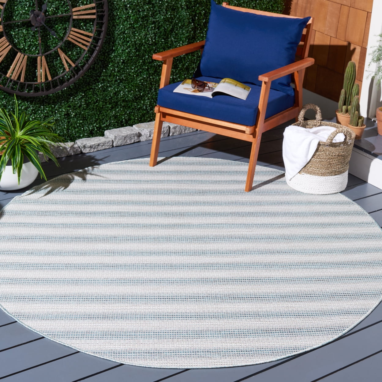 SAFAVIEH Hampton Duana Striped Indoor/Outdoor Area Rug, Aqua/Ivory, 6'5" x 6'5" Square