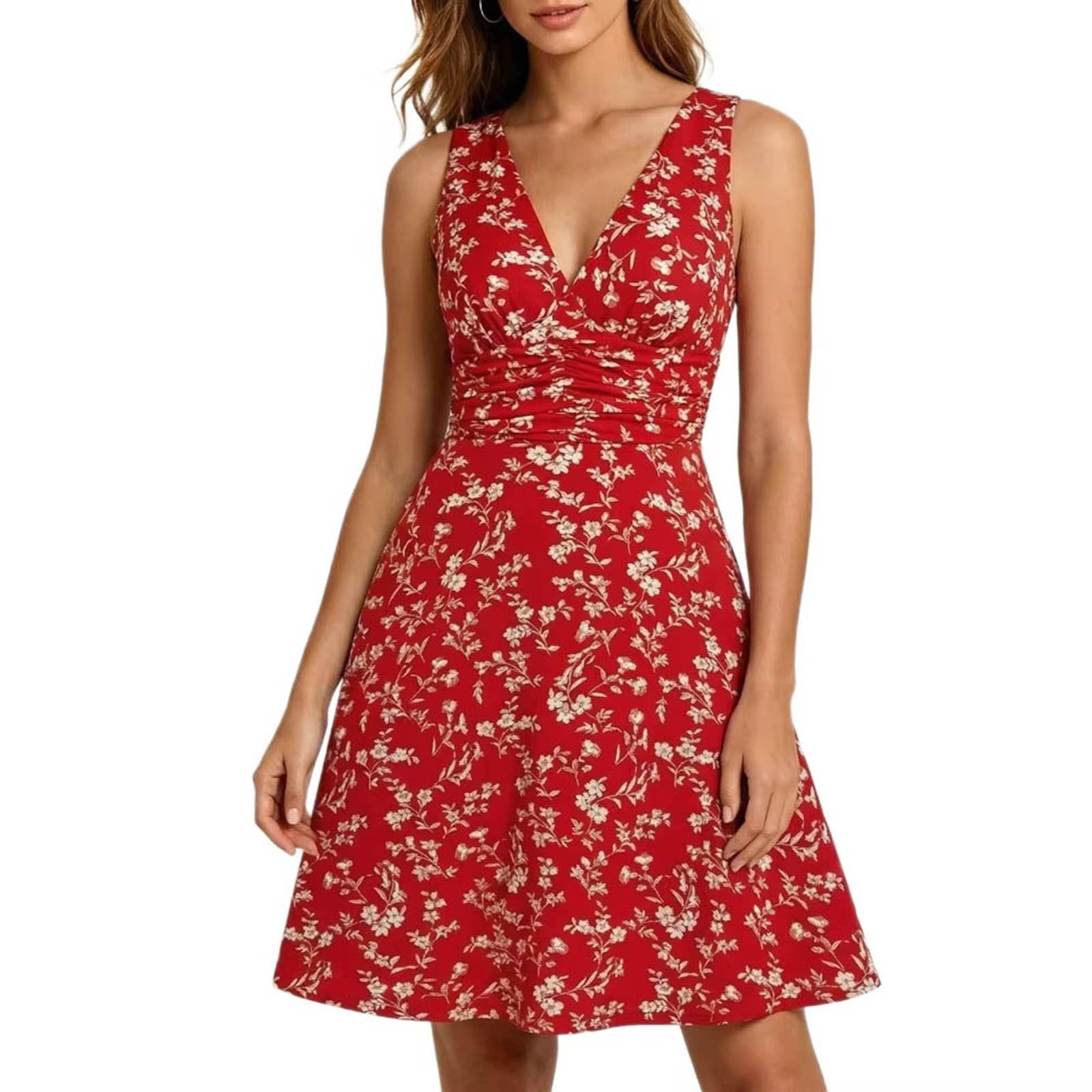 Red Sleeveless Dress for Ladies Fall Summer V Neck Formal Prom Party Evening Elegant Lounge Pleated A Line Flare Bell Bottom Dress Homecoming Dress Womens 2026 S