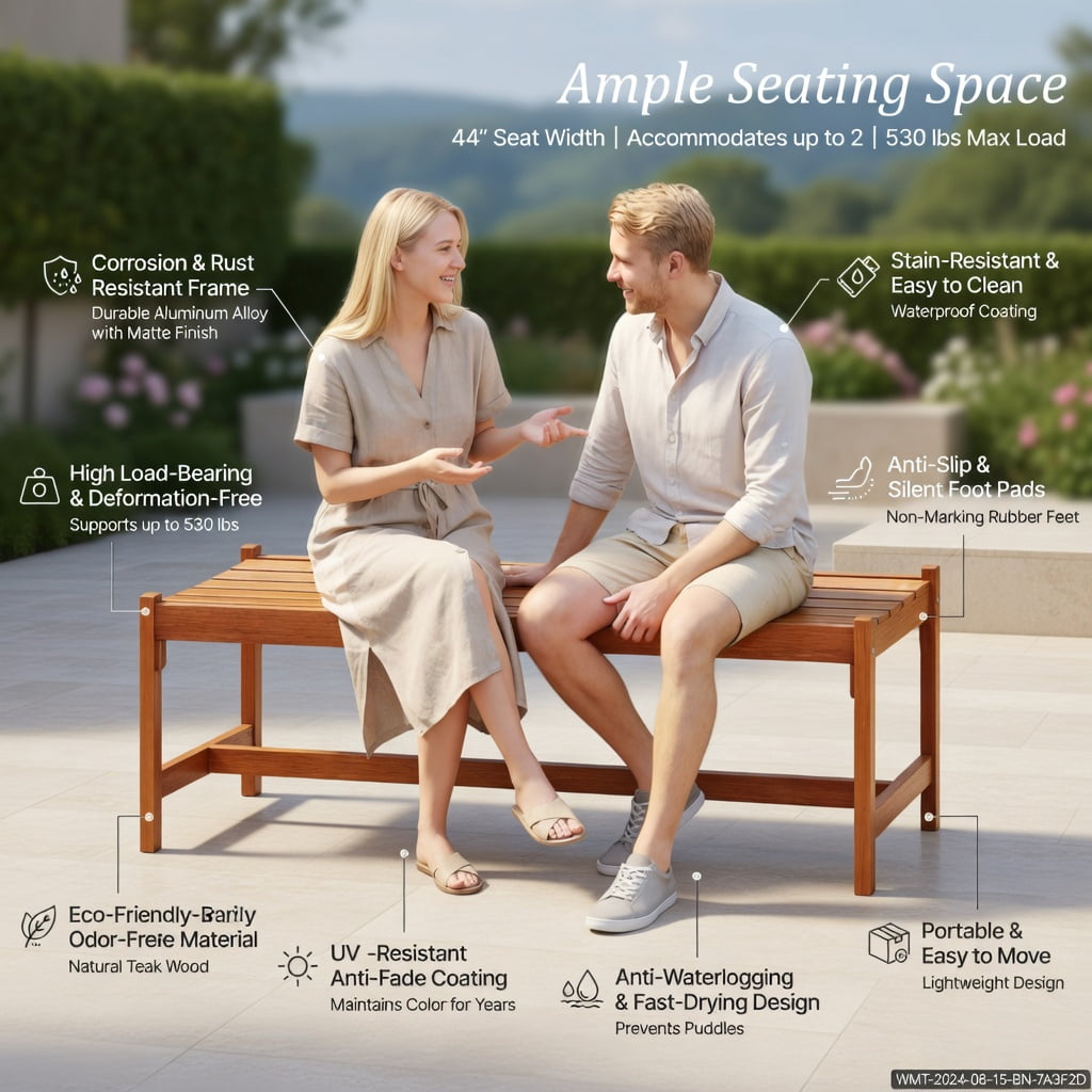 Hommoo 44" Outdoor Solid Hardwood Patio Bench, Teak Oil Finish, Ergonomic Slatted Seat, Easy Assembly, Natural