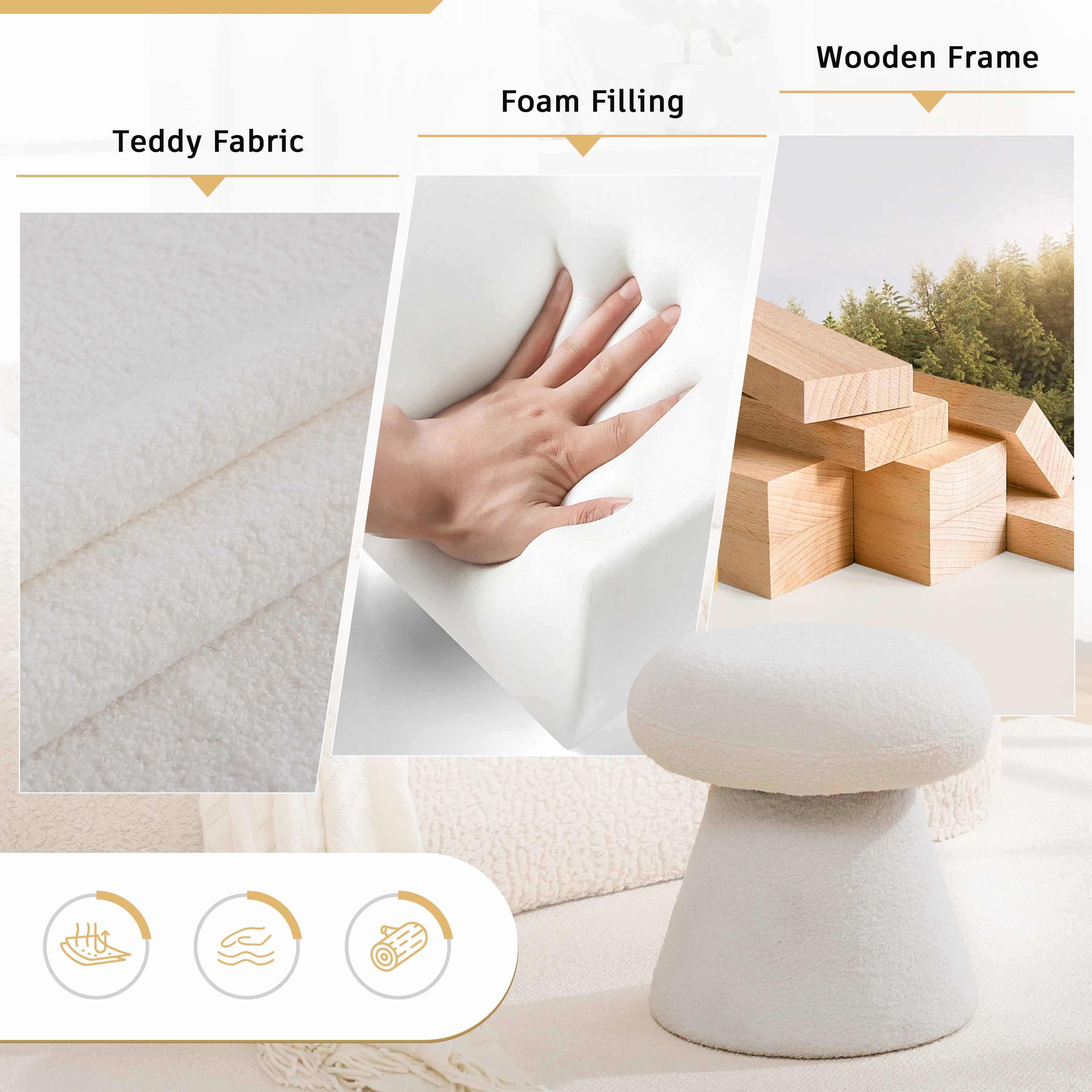 Teddy Fabric Mushroom-Shaped Ottoman with 360-Degree Swivel, Soft-Padded Footstool and Shoe-Changing Stool for Bedroom, White