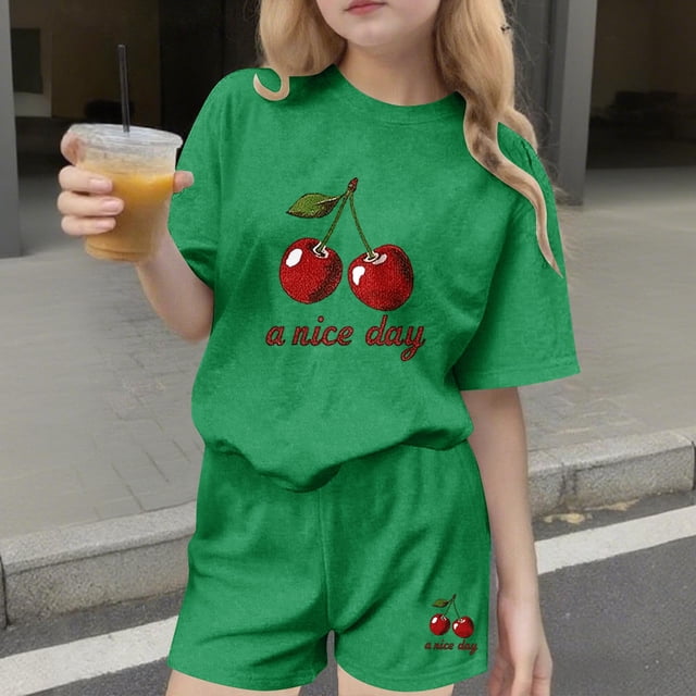 Conjuntos de blusas y camisas de cuello redondo y manga corta para niños, conjunto de dos piezas de top y pantalones cortos de manga corta con cuello redondo y manga corta para niños, top de poliéster