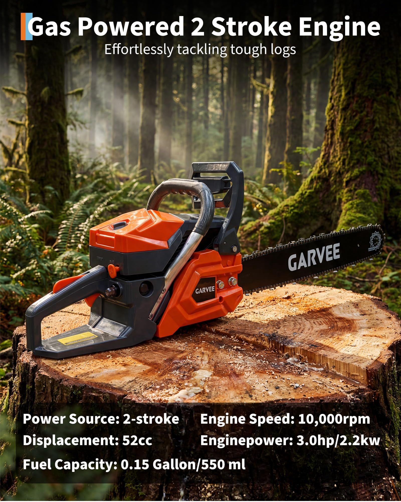Accreate Gas Powered Chainsaw, 52cc/58cc with 20" Bar, 2.2kW 2-Stroke Engine, Quick Start, Chain Brake, and Anti-Vibration System, Ideal for Wood, Tree, or Land Cutting
