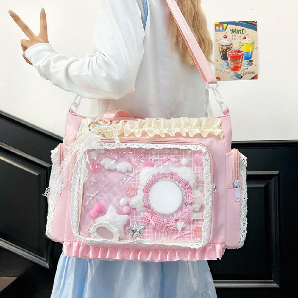 Vjnyvs Lace Decor Clear Display Crossbody Bag Nylon Tote Shoulder Bag with Bow Keychain