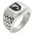 thumbnail image 1 of Stainless Steel Dolphin Diligence Coat of Arms Shield Geometric Pattern Step-Down Biker Style Polished Ring, 1 of 1