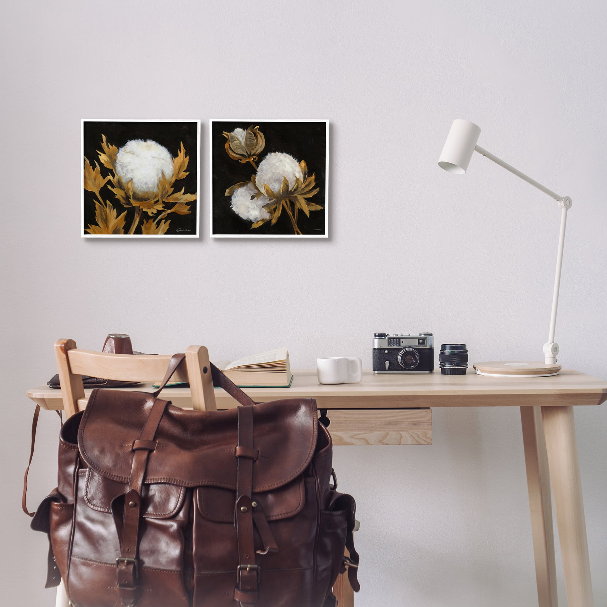 Stupell Industries Dark Cotton Flowers Botanical & Floral Painting White Framed Art Print Wall Art, 12 x 12, Set of 2