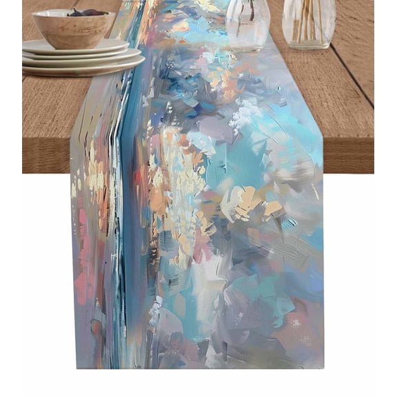Hokiten Table Runners 108 Inches Long Dress Scarves, Blue Gray Coastal Farmhouse Coffee/Dining/Kitchen Table Runner for Living Room, Oil Painting Modern Abstract Art 13x108 Inch