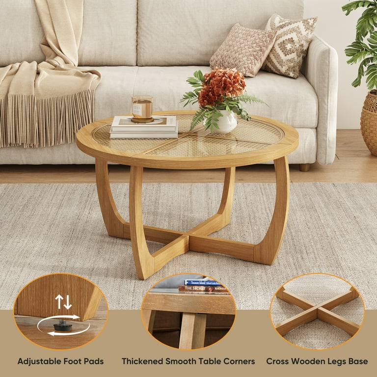 Round Wood Coffee Table with Glass Rattan Top, Wooden Circle