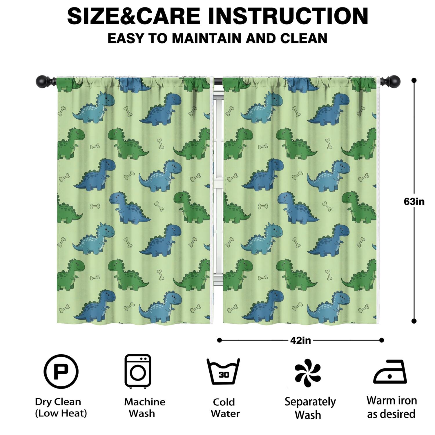 Blackout Kids Curtains,Green Dinosaurs Bones Pattern Childrens Insulated Curtains Set Of 2,Bedroom Essentials,Toddler Room Decor 42"x63"