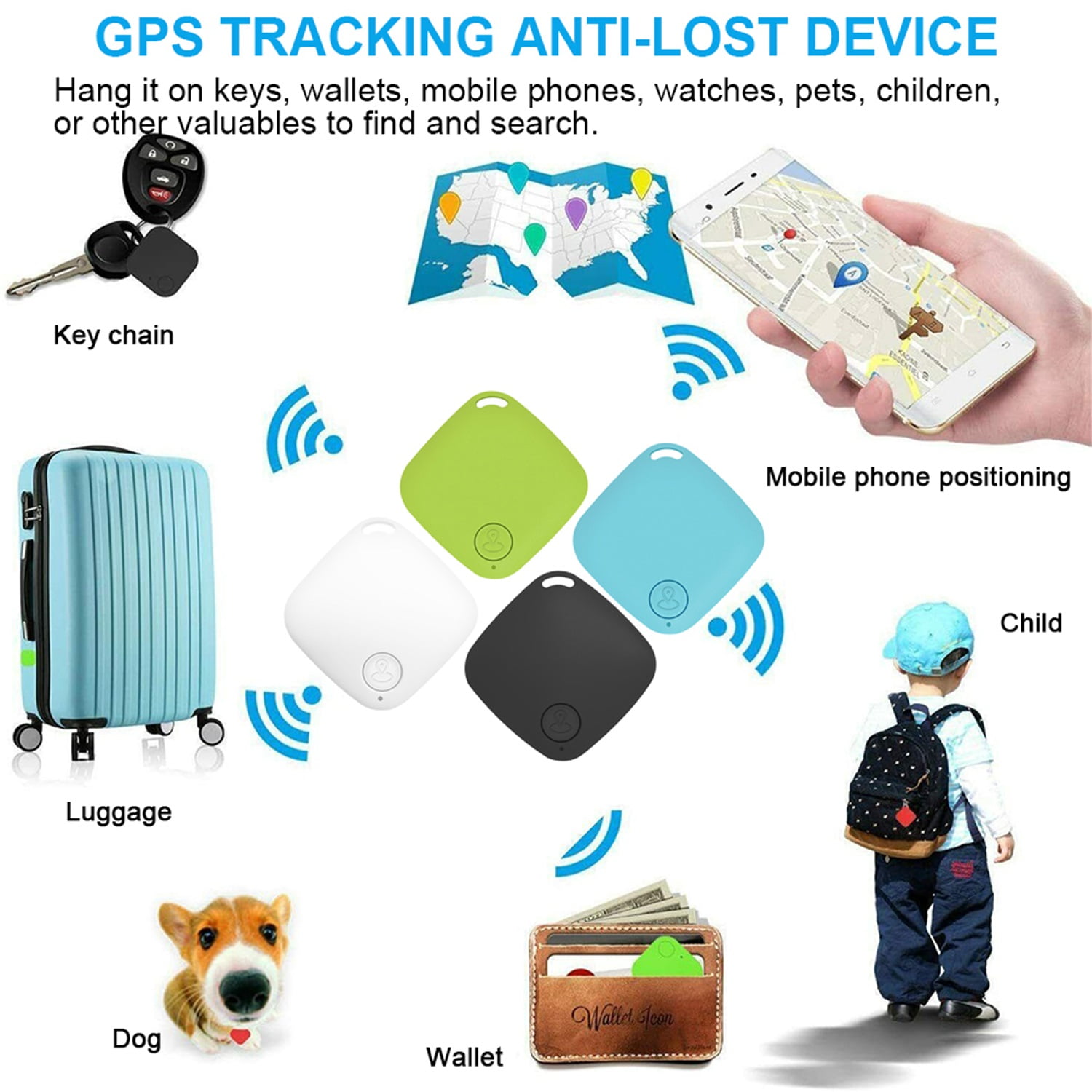 Siesta handling fjendtlighed Pefilos 82 ft Anti-lost Wireless GPS Tracker Locator Finder For Kid Key  Finder Locator Pet Dog Bicycle Waterproof Luggage Tracker for Suitcase,  Item Finder for Keys, Bag, Backpack, Blue - Walmart.com