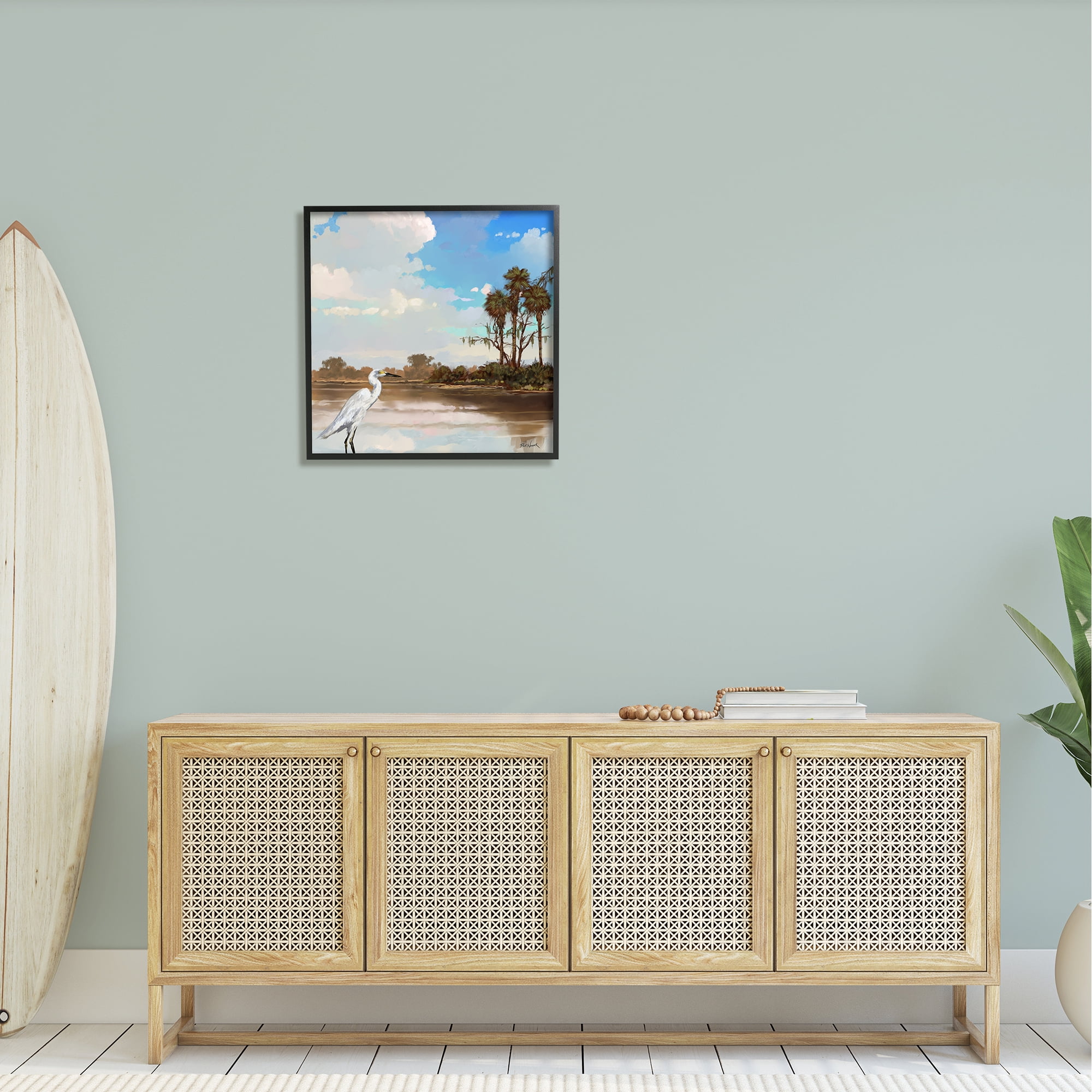 Stupell Egret Tropical Beach Scenery Landscape Painting Black Framed Art Print Wall Art