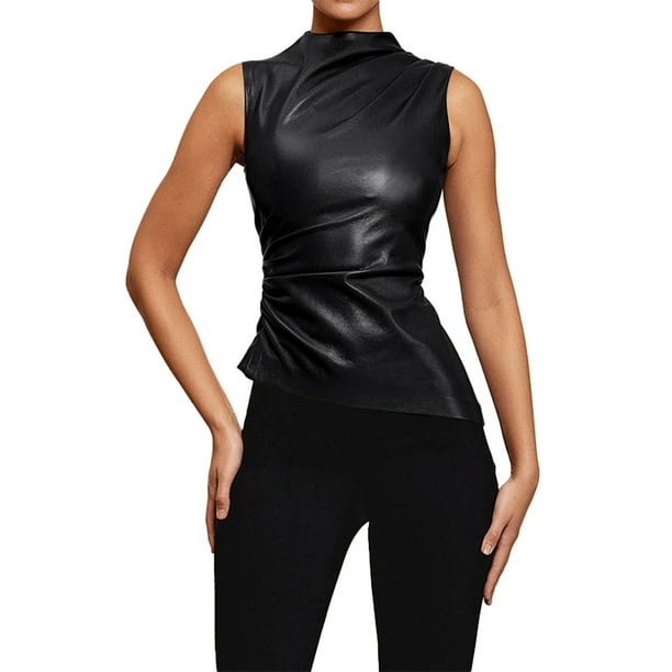 Top asimétrico sin cuello de cuero para mujer - Color liso, corte ajustado, poliéster, informal/para combinar