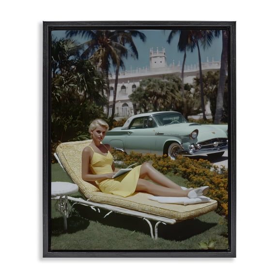 Stupell Industries Vintage Sunbathing Woman Black Framed Floater Canvas Wall Art, design by Franklyn Gregory