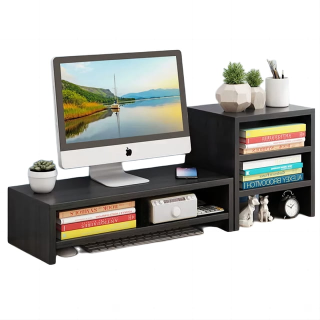 LUNA PARK Soporte Monitor y Organizador Escritorio, Elevador Base para Monitor Pc con Estante de Almacenamiento 3 Niveles y 2 Compartimentos Organizador para Computadora
