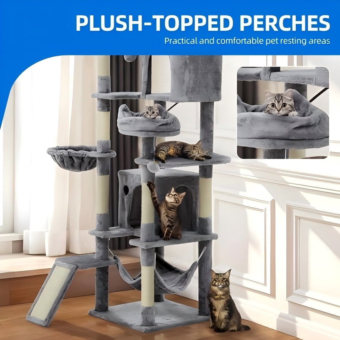 Uforic 75 Inch Multi-Level Cat Tree Tower with 2 Cat Condos, Hammocks, Sisal Scratching Posts & Fluffy Teaser Balls, Light Grey