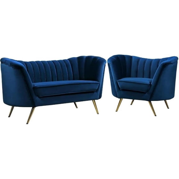 Home Square Contemporary Living Room Furniture Set, 2 Piece with 65" Loveseat and 43" Upholstered Velvet Accent Chair, in Navy and Gold