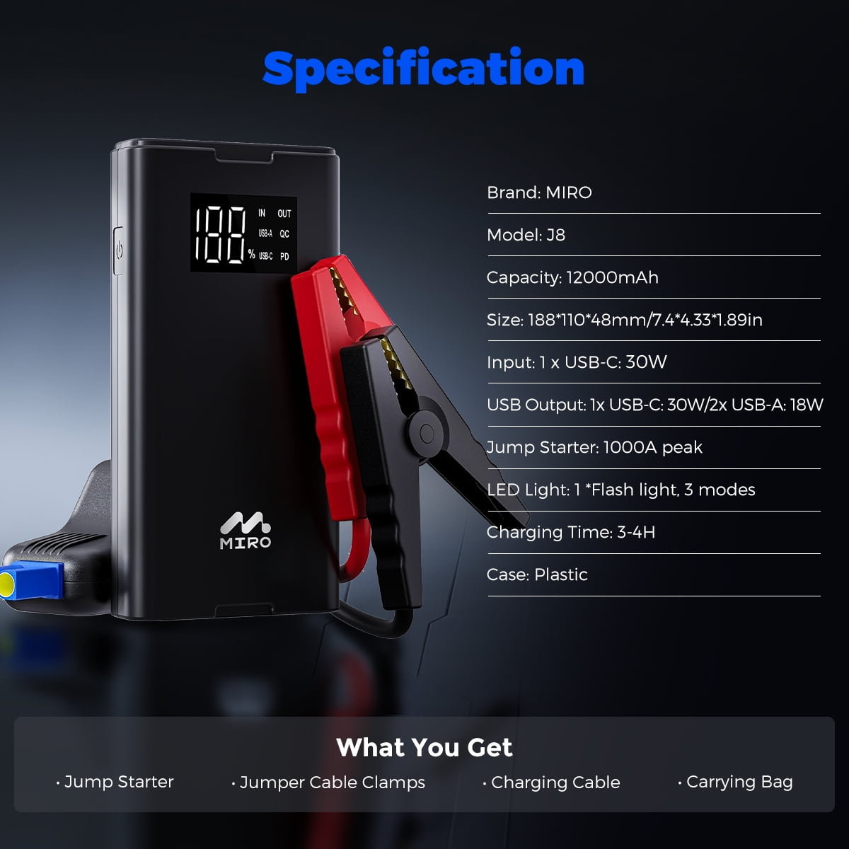 Miro 1000A 12V CarJump Starter 12000mAh Battery Portable Booster with LED Display, 30W Quick Charge Power Bank ,LED Light