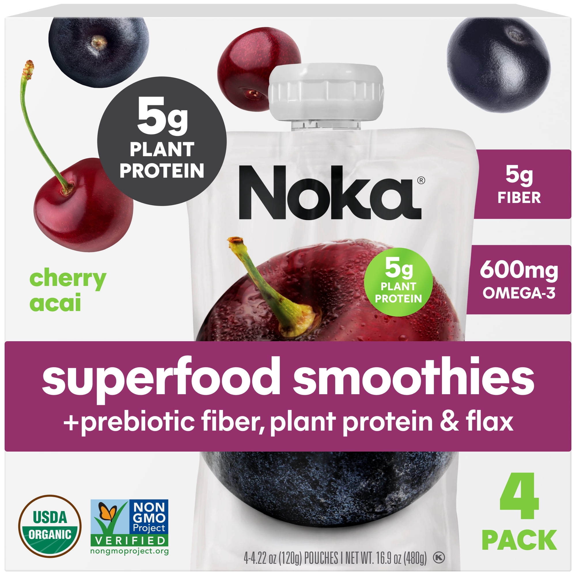 Noka Organic Superfood Smoothie Pouches, Plant Protein, Cherry Acai, 4.22oz, 4 Pack