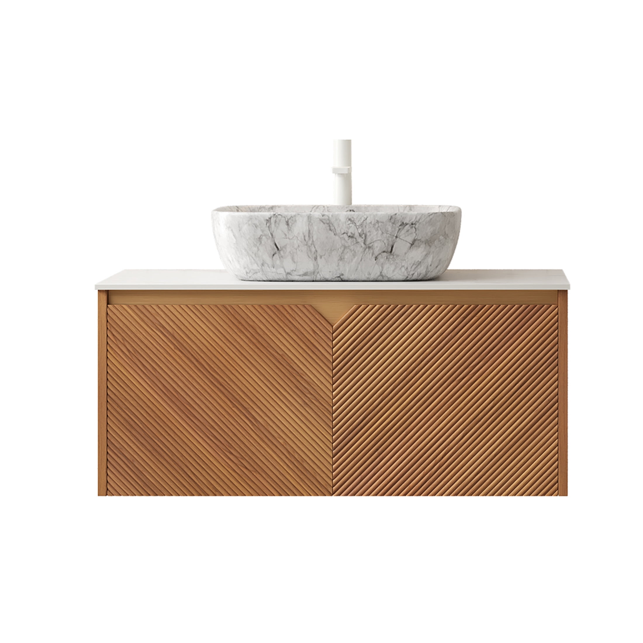 Noble House RUBEN 36" Floating Bathroom Vanity, Sintered Stone Top Cabinet with Gray Stone Ceramic Vessel Sink, Oak