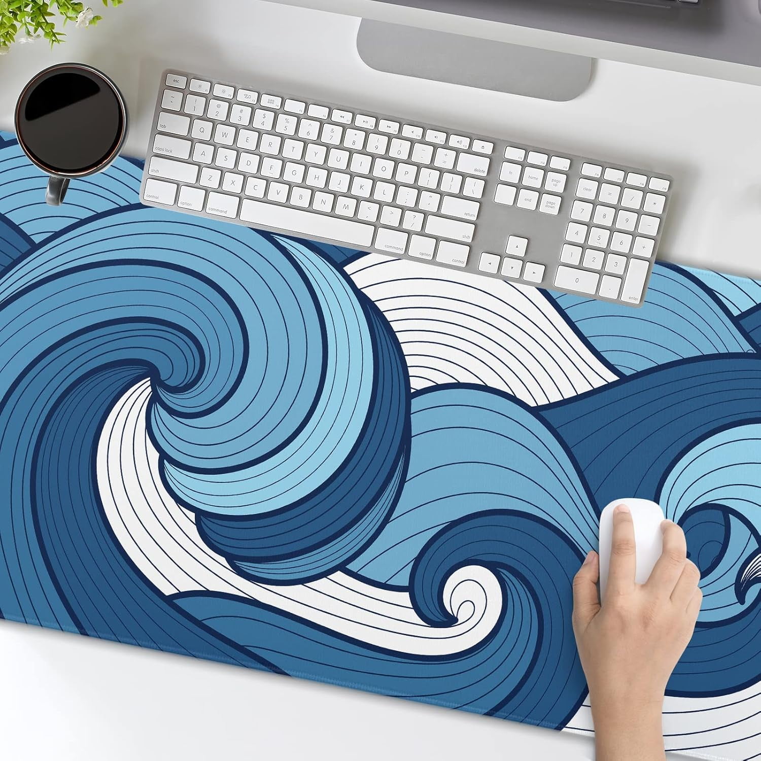 Japanese White and Blue Wave Mouse Pad 35.4 X 15.7 Inch Extended Large Cool Mouse Mat Non-Slip Rubber Base Long Art Mousepad with Stitched Edges Waterproof Desk Pad for Gaming&Home Office,XL