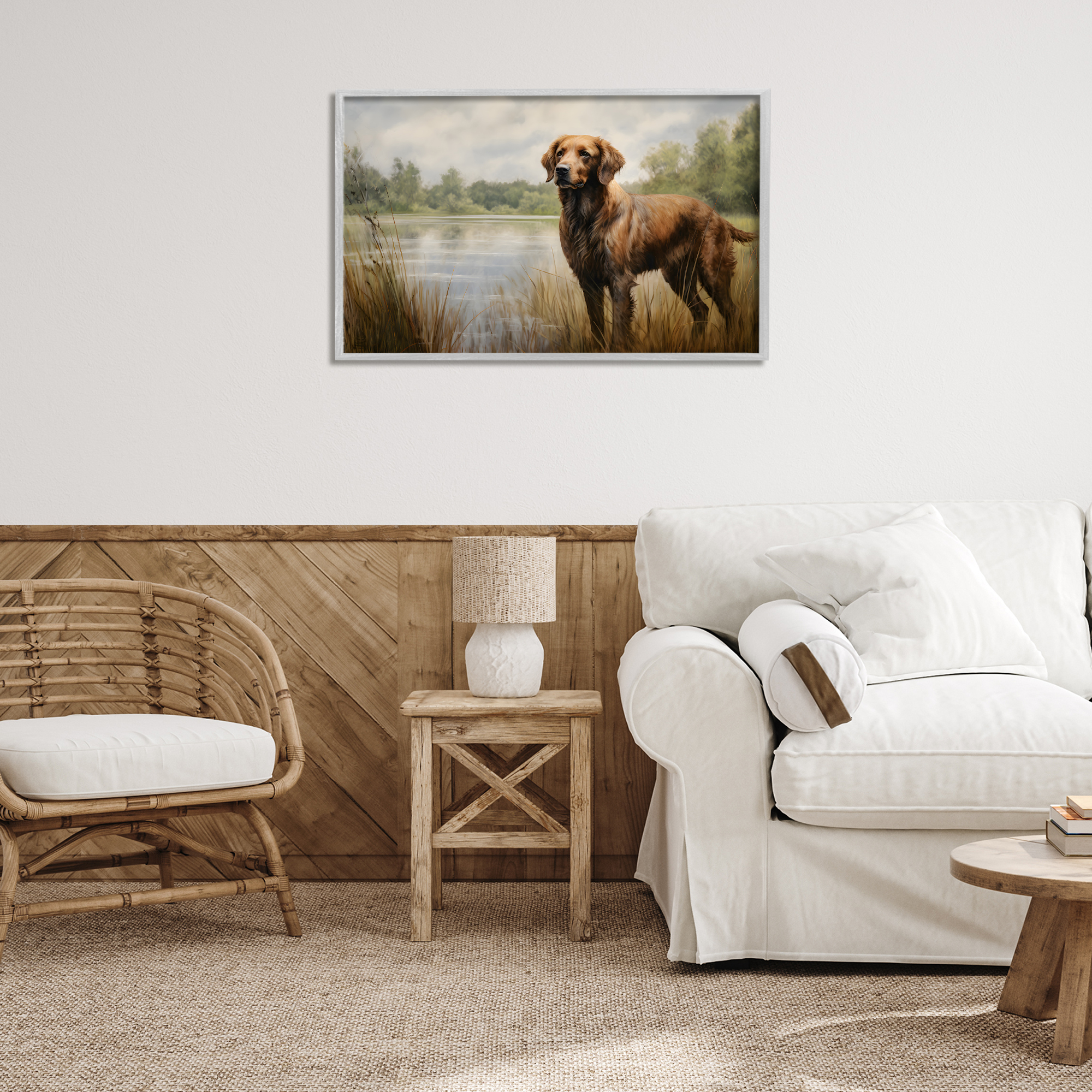 Stupell Industries Retriever Dog & Pond Landscape Painting Gray Framed Art Print Wall Art, 30 x 20