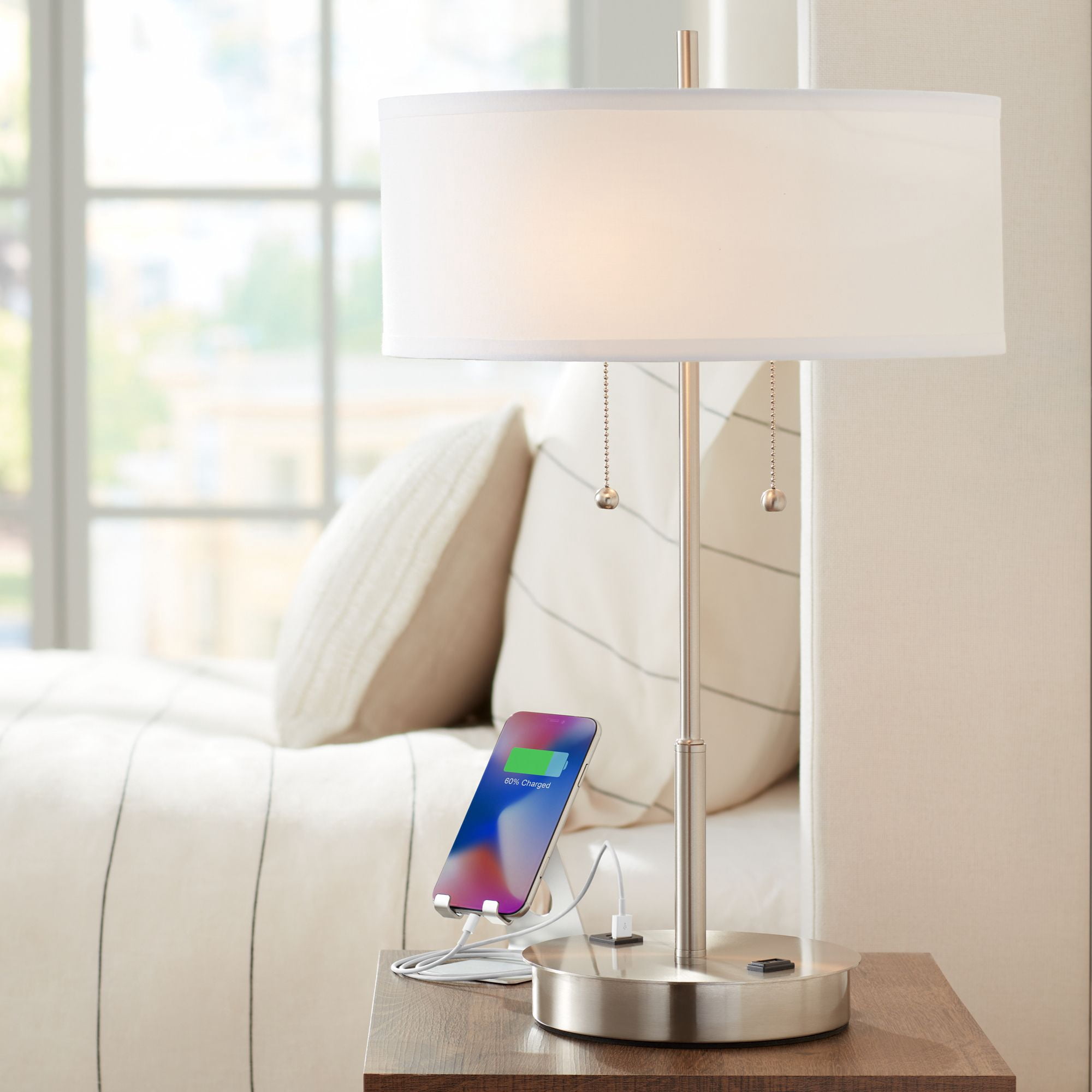 360 Lighting Nikola Modern Accent Table Lamp 23 3/4" High Silver with USB and AC Power Outlet in Base White Drum Shade for Bedroom Living Room Bedside