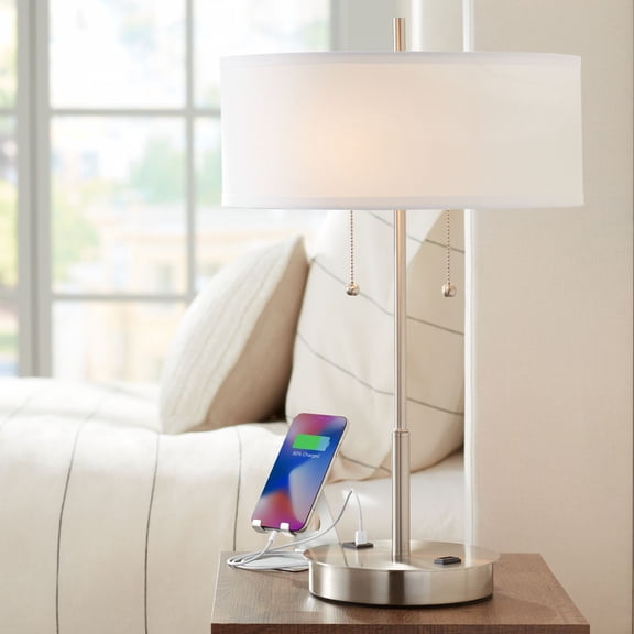 360 Lighting Nikola Modern Accent Table Lamp 23 3/4" High Silver with USB and AC Power Outlet in Base White Drum Shade for Bedroom Living Room Bedside
