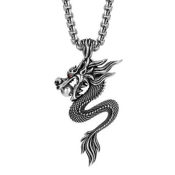 HOOUN Chinese Dragon Pendant Necklace for Men Stainless Steel Lucky Chain Jewelry