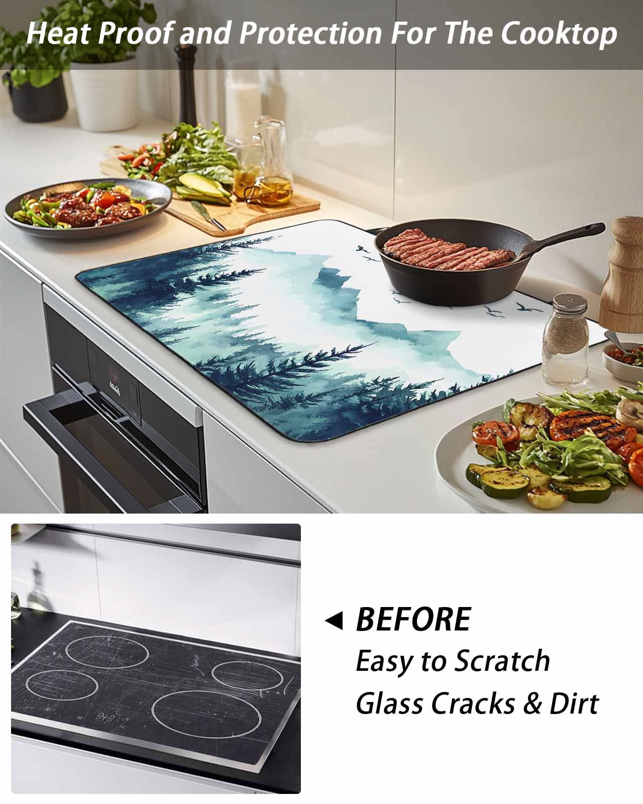 Stove Top Covers for Electric Stove, Turquoise Forest Glass Stovetop Cover Protector, Mountains Birds Fog Tree Scenery Induction Cooktop Protector Oven Mat for Kitchen Countertop 24"x21"