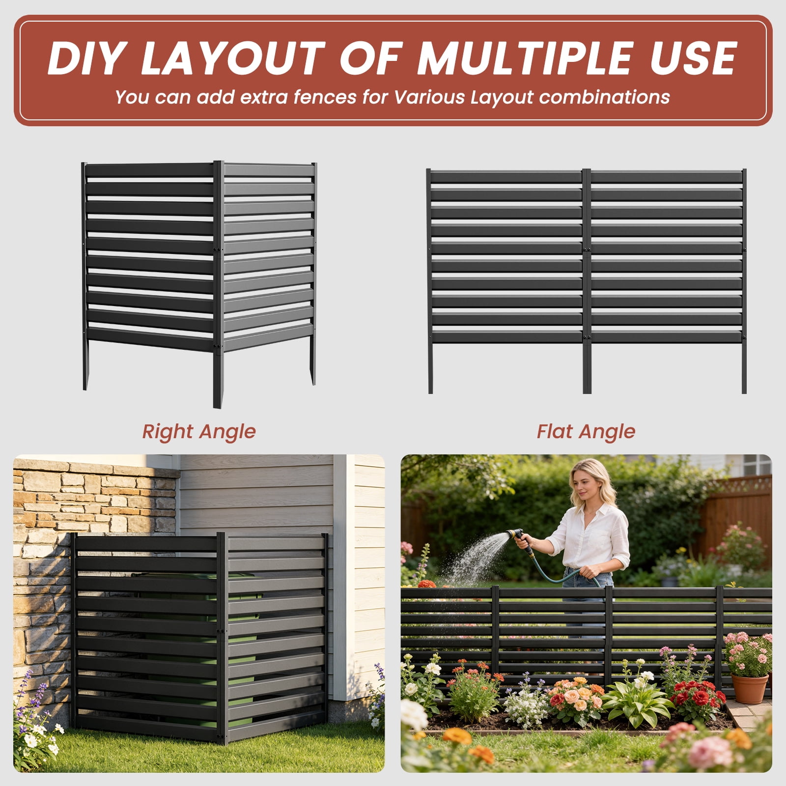 MOPHOTO Heavy Duty Iron Privacy Fence 1 Panel, 38" H x 42" W Freestanding Outdoor Enclosure for Air Conditioner & Trash Can, Decorative Metal Garden Fencing with No-Dig Kit, Black Rust-Proof Iron