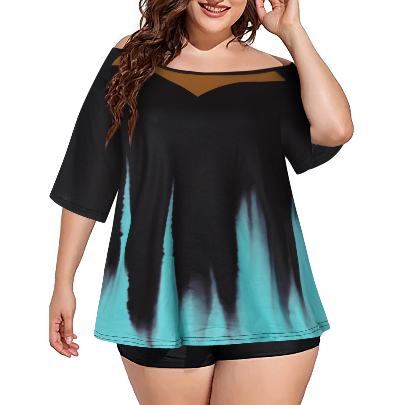 Sharemen Womens Plus Size Off Shoulder Strapless Lace Short Sleeve T-Shirt Tops Loose Hem Casual Tops 