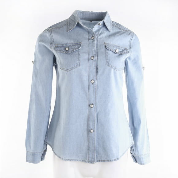 SAYOO blusa de mezclilla Azul retro femenina camisa ajustable de manga larga camisa de hebilla de una sola fila camisa de autocultivo de moda de otoño SAYOO moda