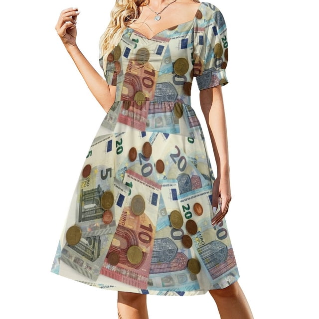 Vestido de manga corta con billetes y monedas de euro, vestido de verano para mujer, vestidos para ocasiones oficiales