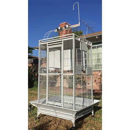 Large Deluxe Sturdy Wrought Iron Bird Parrot Rolling Cage Double Ladders Open Play Perch Top With Around Seed Guard Lockable Rolling Wheels