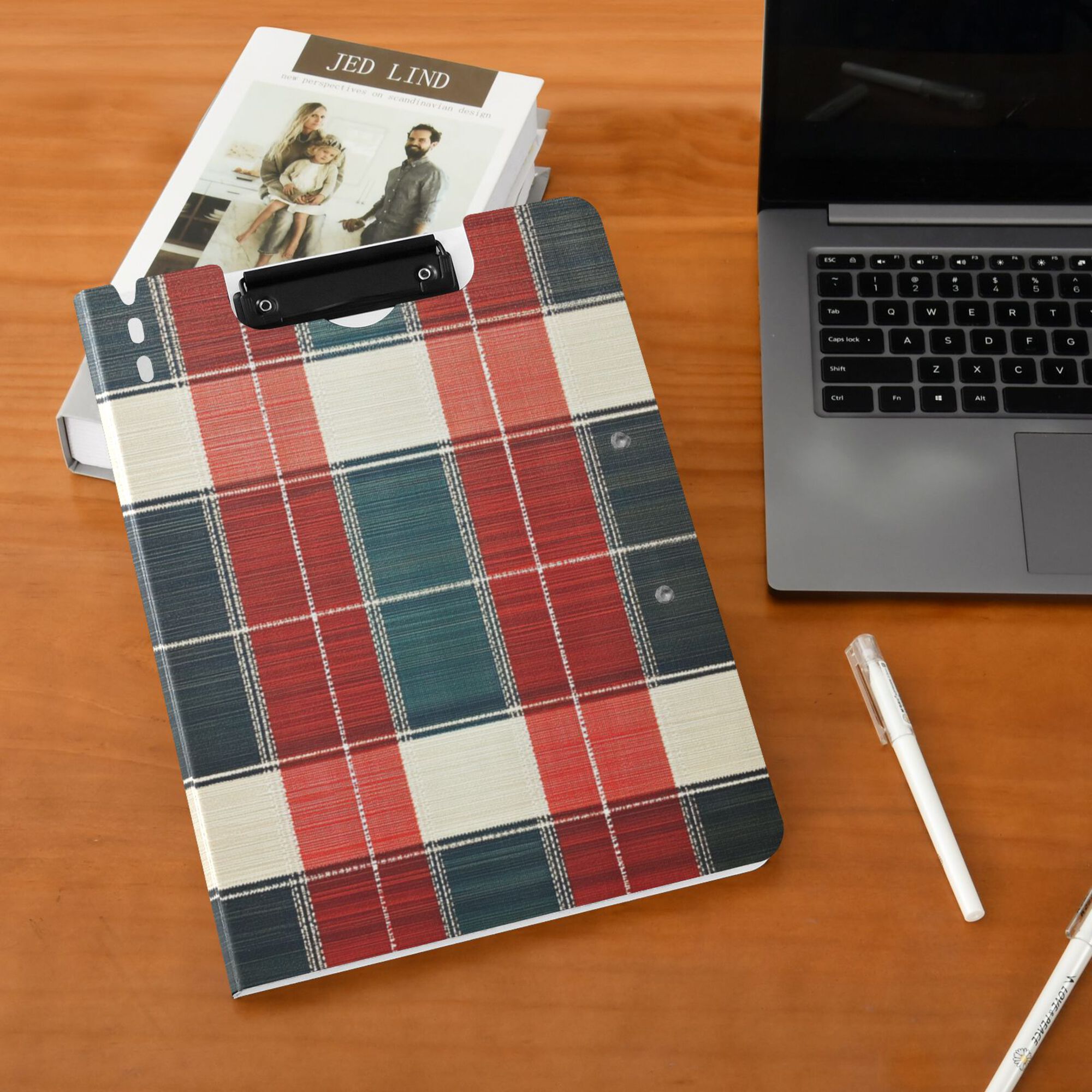 FORMRS A4 Clipboard Folder with Pen Holder Horizontal Foldable School Office Binder, Vibrant Red Tartan Pattern