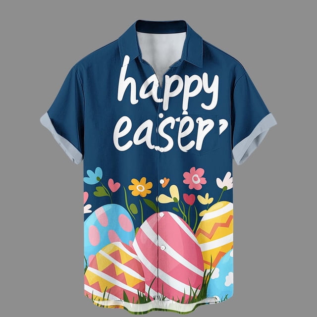 Ceisia Easter Graphic Print Shirt Men's Relaxed Fit Short Sleeve Button-Down Casual Top with Pocket Navy L Gifts