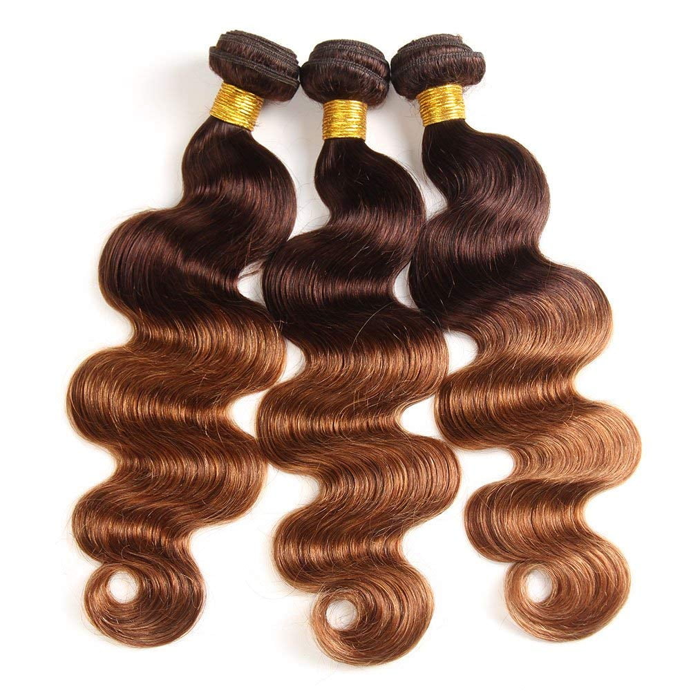 Two Tone Ombre Brazilian Body Wave Hair Brazilian Remy Virgin Human Hair Weave Bundles 100% Unprocessed Body Wave Human Hair Extensions T4/30 Medium Brown/Medium Auburn 20"