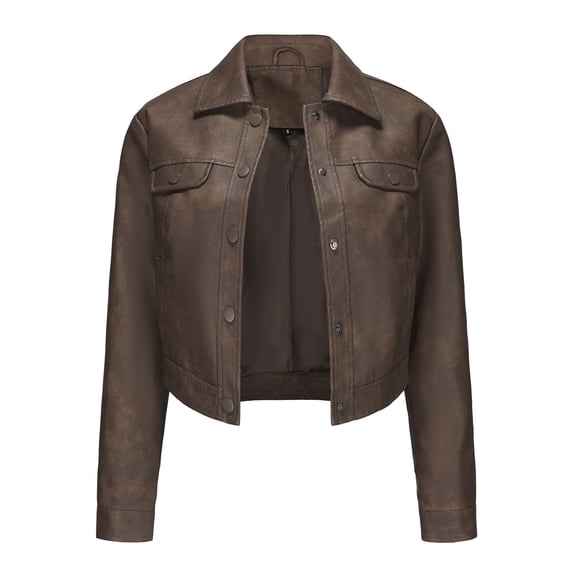 UTSJKR Womens Faux Leather Jacket 2024 Fashion Quilted Button Up Coat Motorcycle Short Biker Jackets Classic Y2k Cropped Coats Brown M