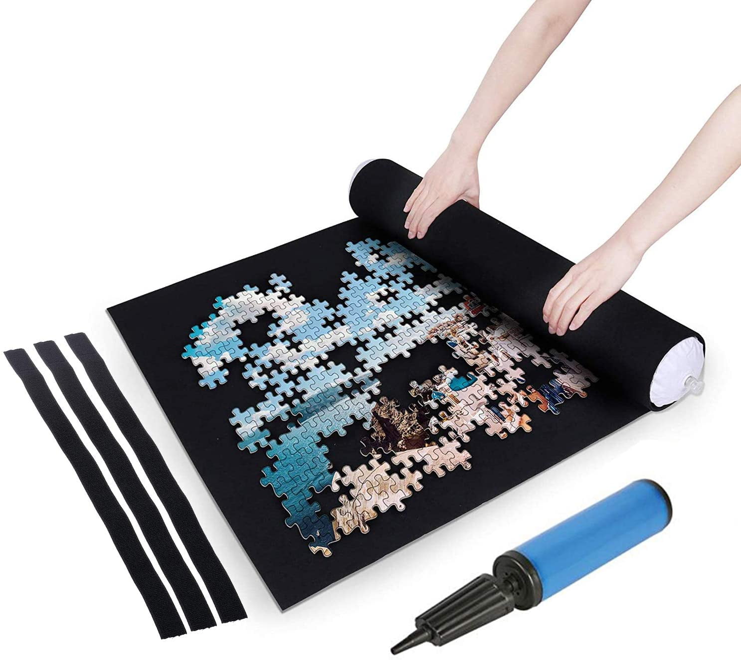 Shotbow Puzzle Mat Roll Up for Jigsaw Puzzles Felt Mat for Puzzle Storage Puzzle Saver Up to 1500 Pieces with Felt Puzzle Mat Inflatable Tube Bonus Mini Pump 3 Fixed Bar Drawstring Storage Bag Black