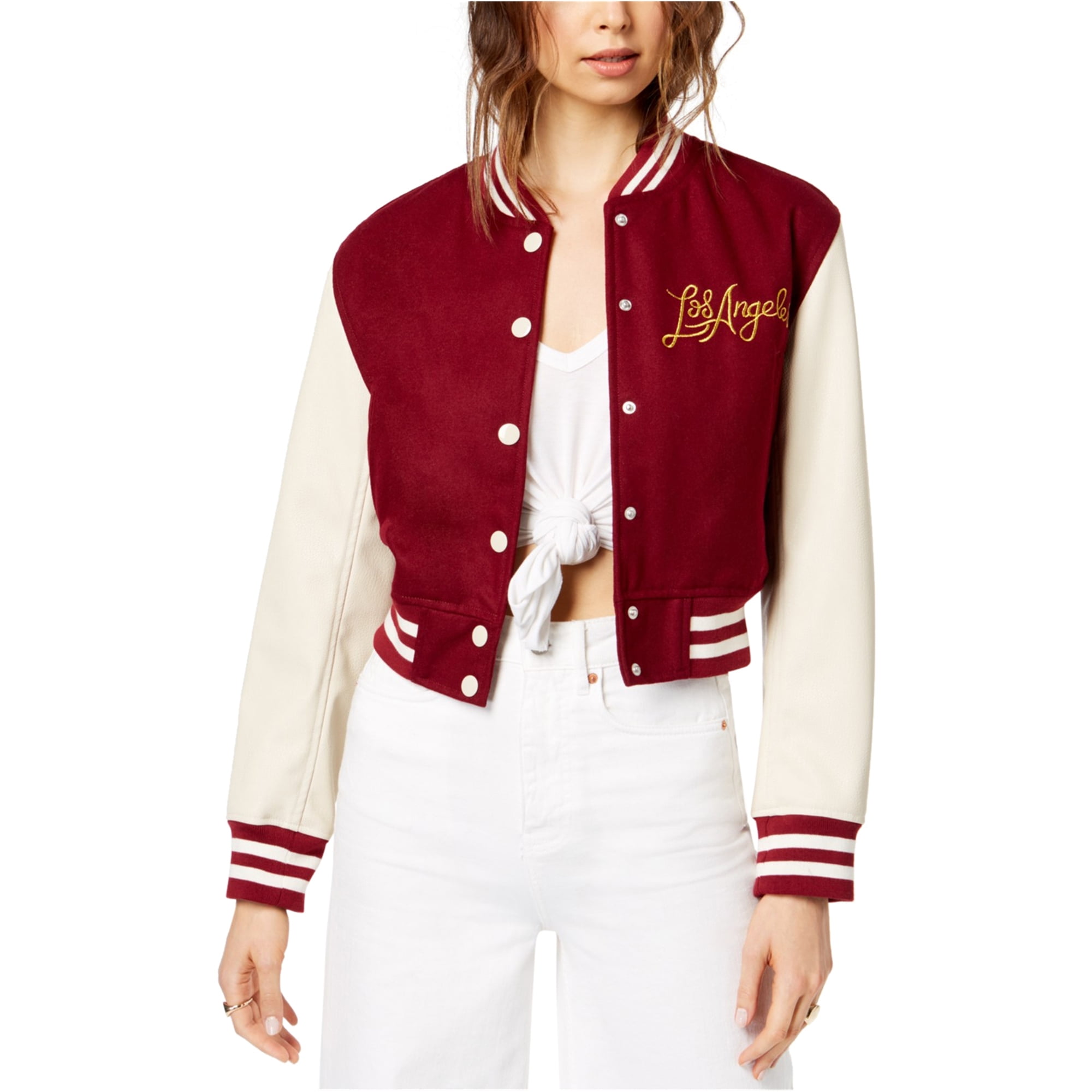 Kendall Kylie Womens Los Angeles Varsity Jacket, red, Large