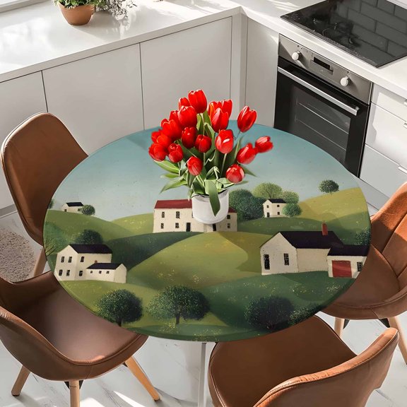 Rustic House Elastic Fitted Round Tablecloth Cottagecore Green Hill Tree Waterproof Outdoor Table Cover for Holiday Party, Picnic, Patio & Dining Fits Tables Up to 55"-60"