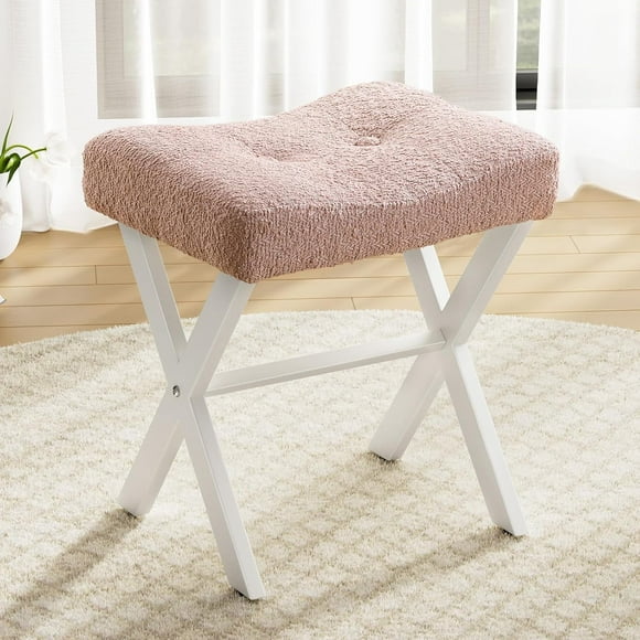 18 Inch Ottoman Foot Rest with Metal X Legs, Boucle Fabric & Breathable Saddle Seat for Vanity Makeup, Living Room, Bedroom and Entryway - White
