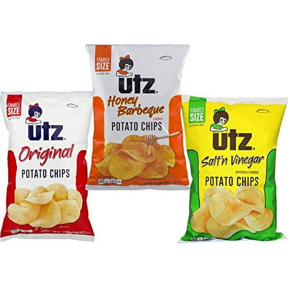Utz Famous Original, Honey BBQ & Salt'n Vinegar Family Size Potato Chip Variety 3-Pack